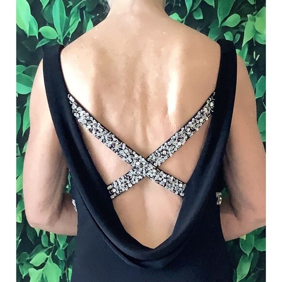 👗 Betsy & Adam Black Gown – Rhinestone Crisscross Waterfall Back– Size 8P - Picture 3 of 8